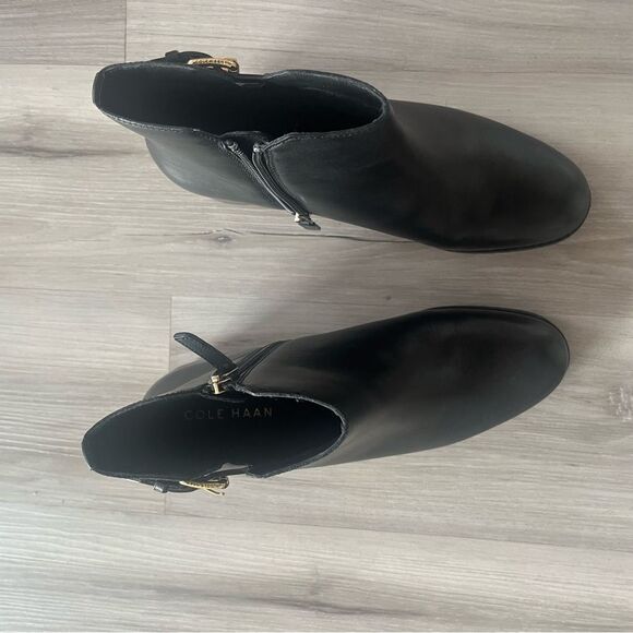 Cole Haan Black Heeled Boots with Gold Buckle - Picture 3 of 6